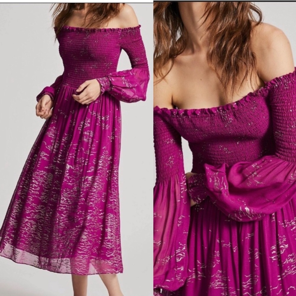 New NWT Free People Party Plum Comb Foiled Smock Off Shouder Midi Dress‎ - XS